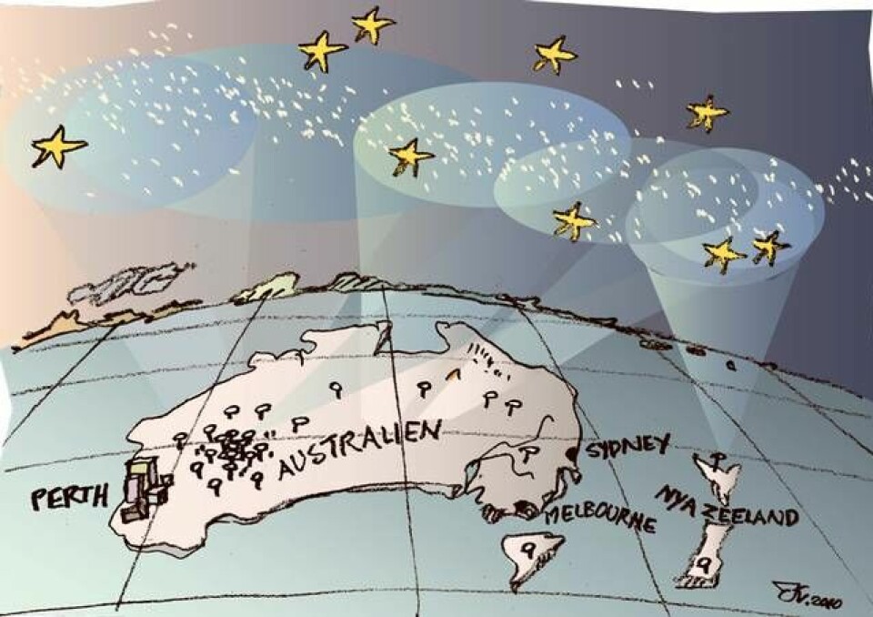 Australien vill gärna vara värd för världens största radioteleskop – The Square Kilometer Array – och placera ut antenner från Perth i väster till Nya Zeeland i öster. Teckning Kaianders Sempler