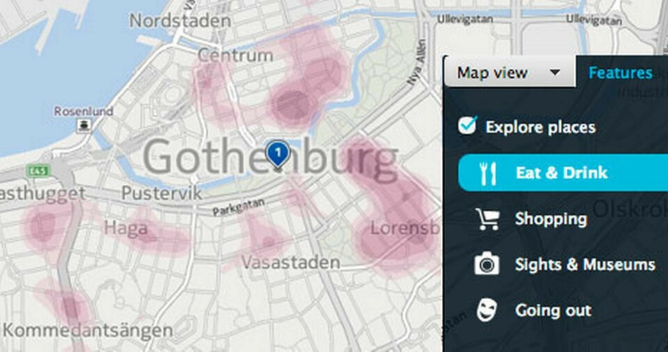Områden där det exempelvis är tätt mellan restauranger och barer visas som färgade 'moln' på kartan. Foto: Nokia