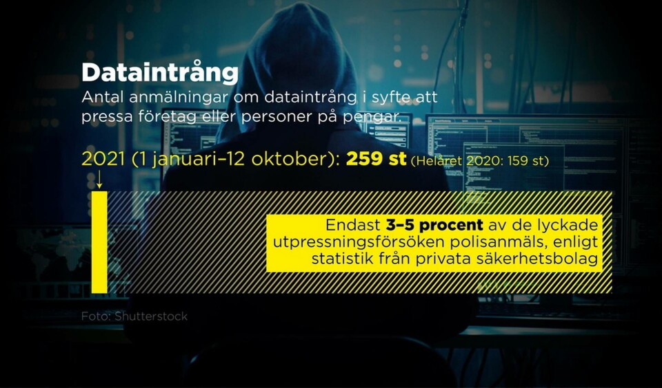 Få företag som utsätts för it-attacker i utpressningssyfte berättar vad som har hänt. Högst fem procent av företagen polisanmäler händelsen, enligt statistik från privata säkerhetsbolag. Foto: Johan Hallnäs/TT Få företag som utsätts för it-attacker i utpressningssyfte berättar vad som har hänt. Högst fem procent av företagen polisanmäler händelsen, enligt statistik från privata säkerhetsbolag. Foto: Johan Hallnäs/TT