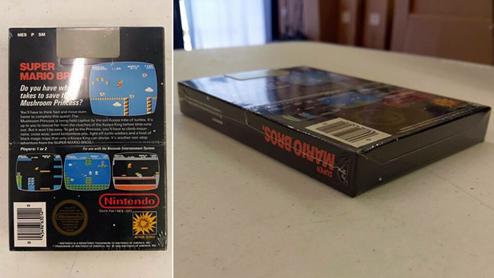 Bilder visar att plasten runt originalexemplaret av Super Mariospelet är obruten och att prislappen fortfarande sitter kvar där den placerades för över 30 år sedan. Foto: Dkoldies / Ebay Bilder visar att plasten runt originalexemplaret av Super Mariospelet är obruten och att prislappen fortfarande sitter kvar där den placerades för över 30 år sedan. Foto: Dkoldies / Ebay