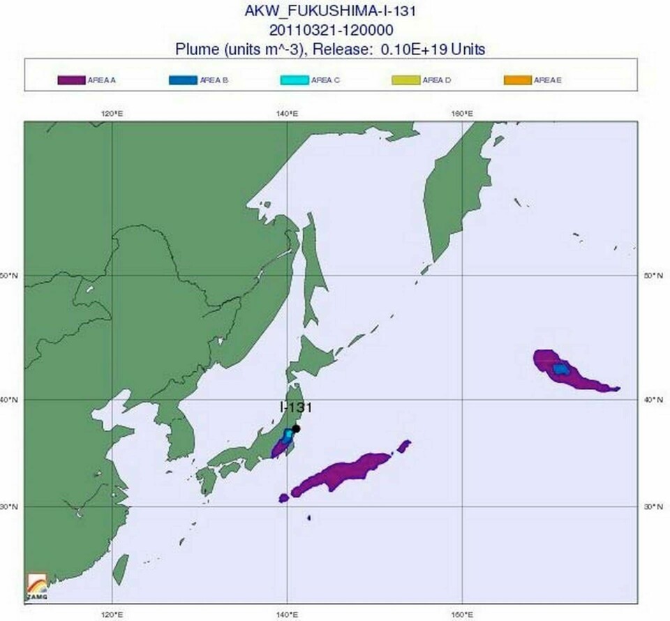 Kartan visar vindriktning och utsläpp från kärnkraftverket Fukushima 21 mars.