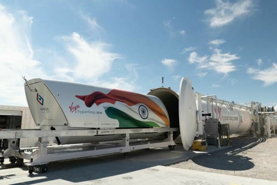 Fordon tänkt för den planerade indiska hyperloop-banan, från Hyperloop Ones testbana i Nevada, USA. Foto: Hyperloop One