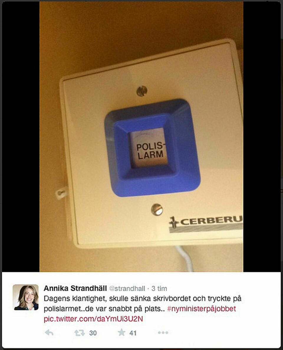 Annika Strandhälls tweet om larm-tabben.