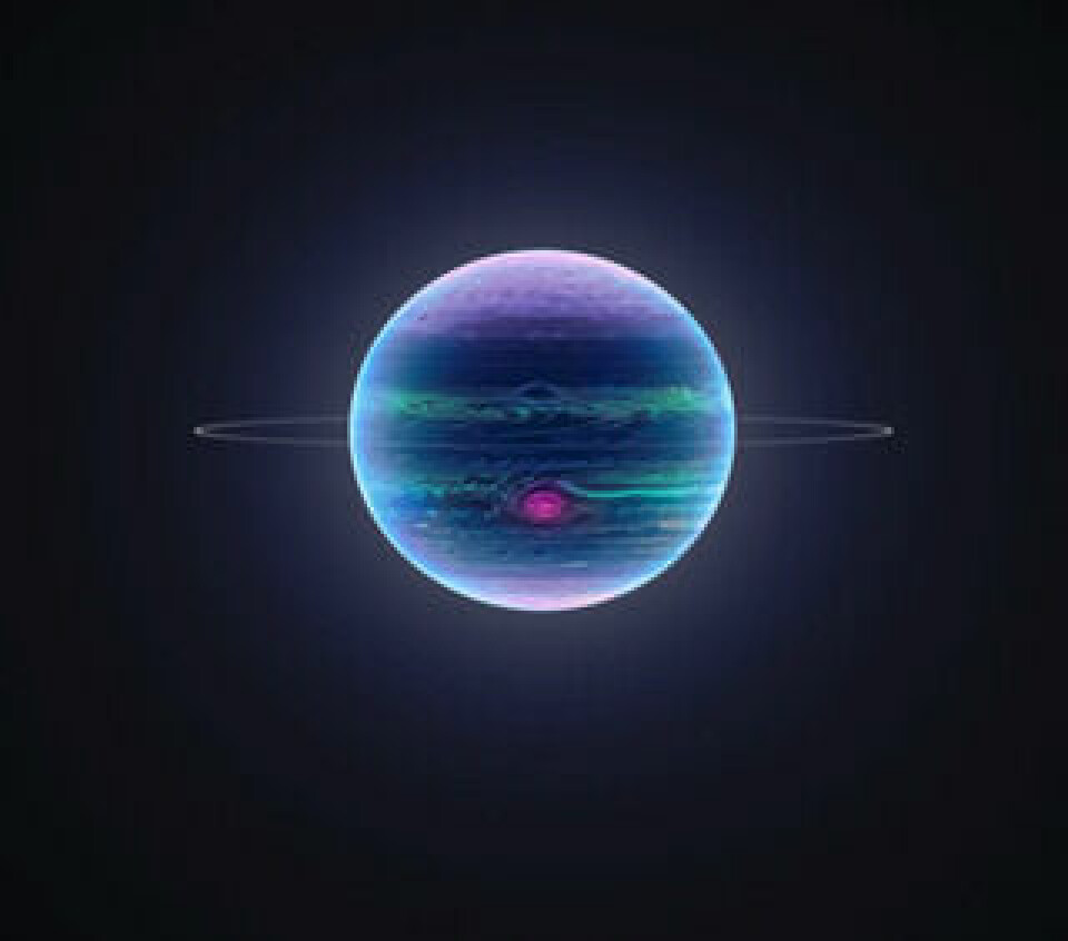 'Infrared Giants', av Andrew McCarthy. En bild på Jupiter där vetenskap möter konst. Inspirerad av bilder från JWST simulerar den här bilden en djup infraröd vy som inte är synlig från jorden. Foto: Andrew McCarthy