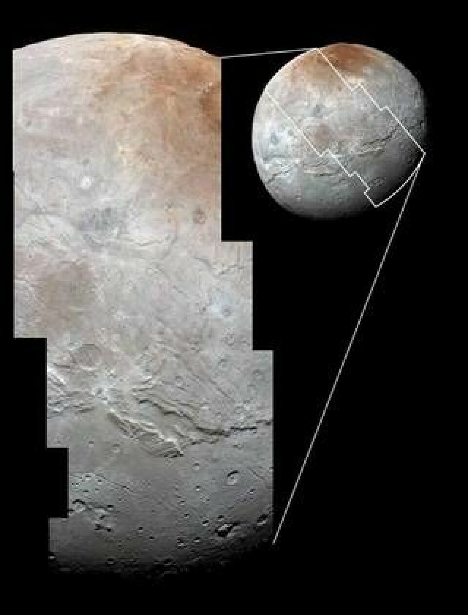Högupplösta bilder av Charon togs av teleskopkameran Lorri ombord på rymdsonden och kombinerades med förstärkta färger från spektrometern Ralph. Bilden visar Charons hela diameter om 1 214 kilometer och återger 0,8 kilometer stora kännetecken. Foto: NASA/JHUAPL/SwRI