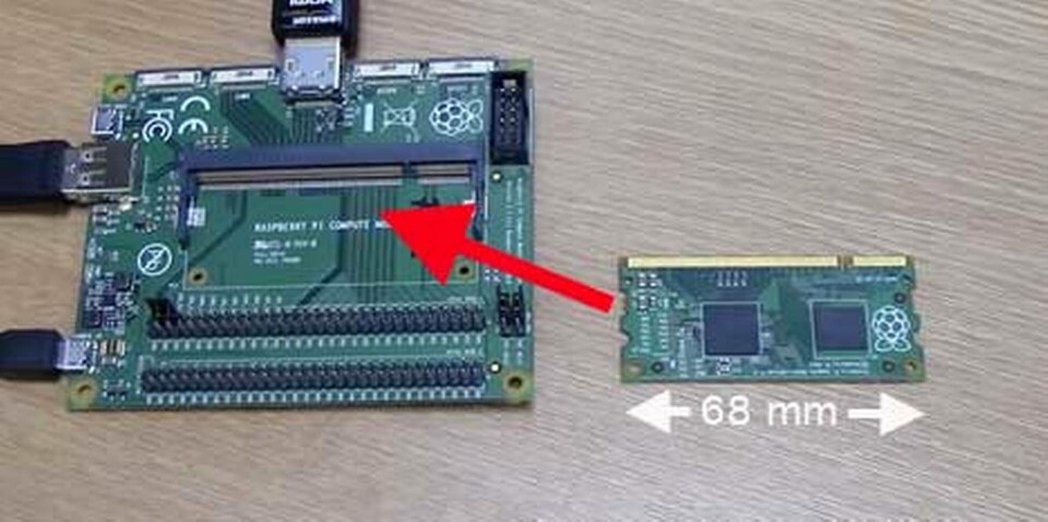 Den nya Raspberry Pi Compute Module kan monteras på ett kort med in- och utgångskontakter. Foto: Raspberry Pi Den nya Raspberry Pi Compute Module kan monteras på ett kort med in- och utgångskontakter. Foto: Raspberry Pi