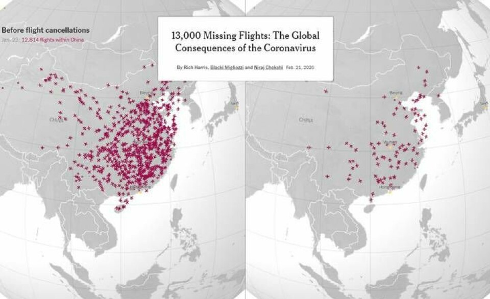 Minskat antal flygningar. Foto: Flightradar/New York Times