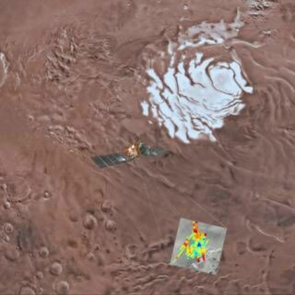 Illustration av Mars södra polaris. Den infällda bilden visar var radarmätningar har gjorts av instrumentet Marsis, där den blå lilla triangeln indikerar den underjordiska saltsjön. Foto: AP