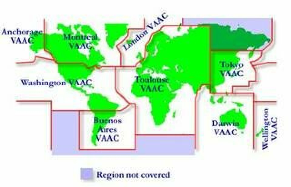 Indelning mellan världens nio Volcanic Ash Advisory Centres (klicka på bilden).