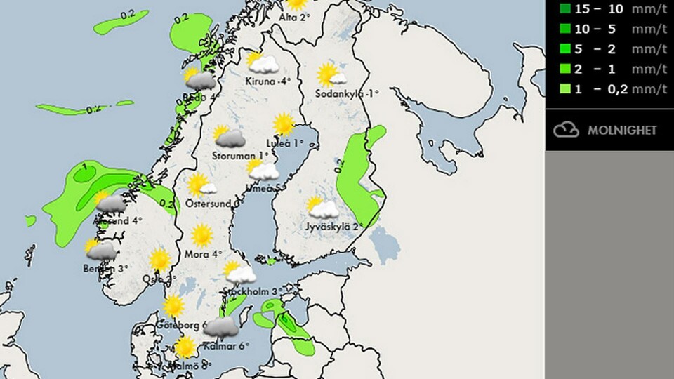 ”Kanske får vi ha en fallande skala som utgår från SMHI:s klimatkartor med antal soltimmar”, säger April Jesting på Solenergimyndigheten. (Väderkarta från SMHI.se) ”Kanske får vi ha en fallande skala som utgår från SMHI:s klimatkartor med antal soltimmar”, säger April Jesting på Solenergimyndigheten. (Väderkarta från SMHI.se)
