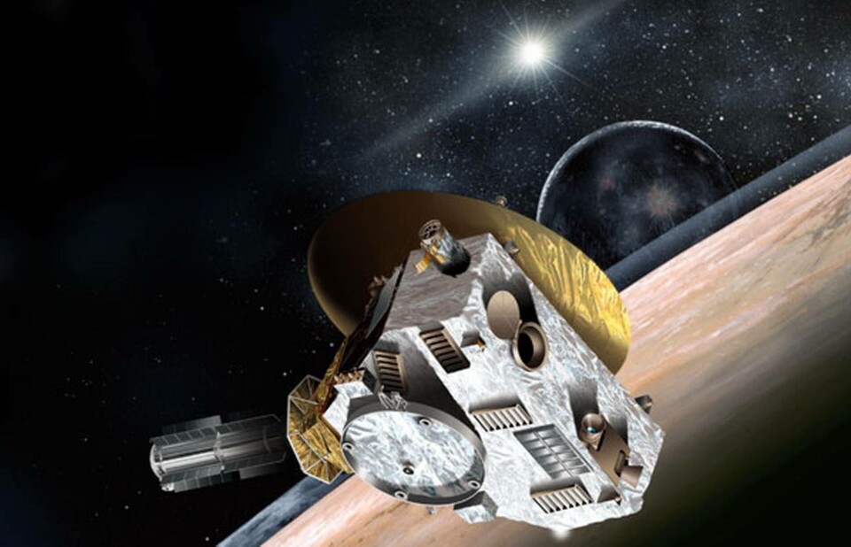 Så här tänker sig en av Nasas illustratörer att det ser ut när New Horizons flyger förbi Pluto och dess måne Charon. Foto: Nasa Så här tänker sig en av Nasas illustratörer att det ser ut när New Horizons flyger förbi Pluto och dess måne Charon. Foto: Nasa