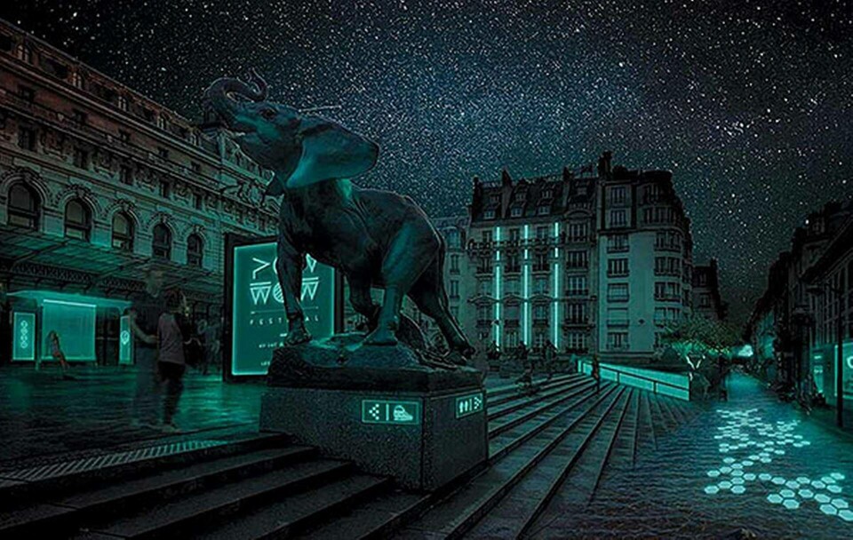 Ljus från bakterier kan användas för att lysa upp skyltar och byggnader i natten. Det menar det franska uppstickarbolaget Glowe. Foto: Glowee Ljus från bakterier kan användas för att lysa upp skyltar och byggnader i natten. Det menar det franska uppstickarbolaget Glowe. Foto: Glowee