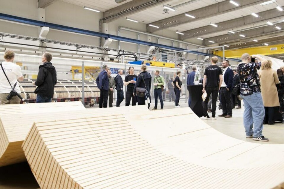 Modvions fabrik för vindkraftstorn i trä. Foto: Modvion Modvions fabrik för vindkraftstorn i trä. Foto: Modvion