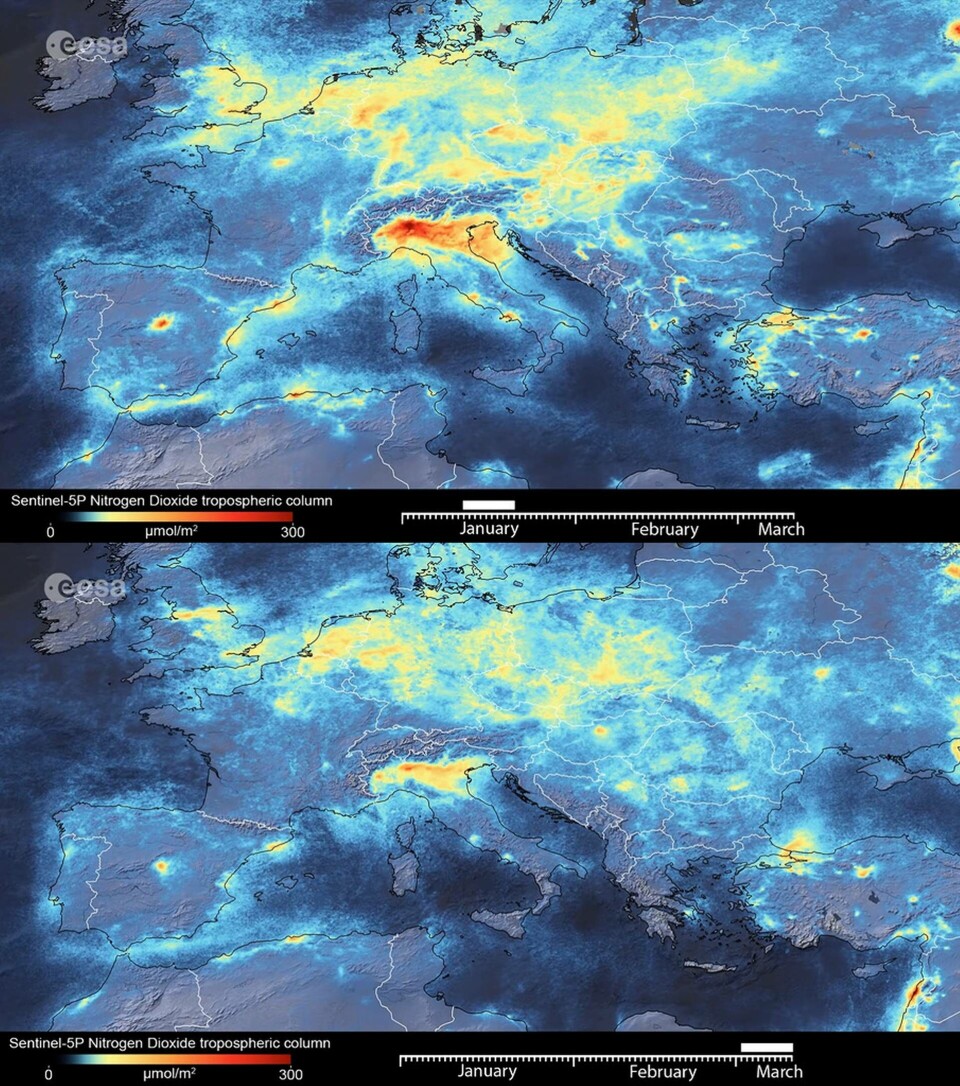 Så här minskade kvävedioxiderna i Europa mellan januari och mars. Arkivbild. Foto: ESA Så här minskade kvävedioxiderna i Europa mellan januari och mars. Arkivbild. Foto: ESA