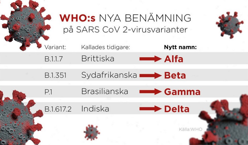 De nya varianterna har fått namn efter det grekiska alfabetet. Från A(-lfa) till O(-mega), så att säga. Foto: Anna-Lena Lindqvist De nya varianterna har fått namn efter det grekiska alfabetet. Från A(-lfa) till O(-mega), så att säga. Foto: Anna-Lena Lindqvist