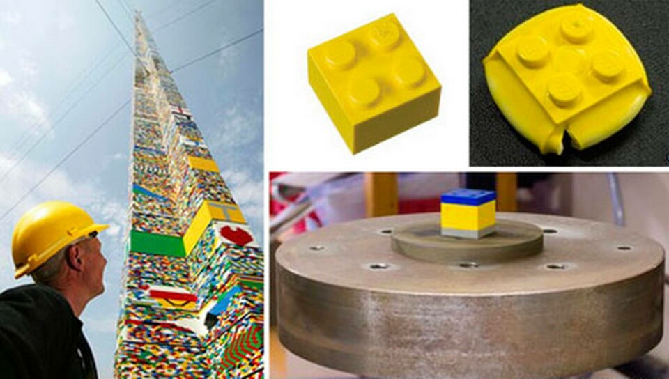 En Legokloss kan belastas med 432 kg innan den pressas ihop. Foto: Lego och Open University En Legokloss kan belastas med 432 kg innan den pressas ihop. Foto: Lego och Open University
