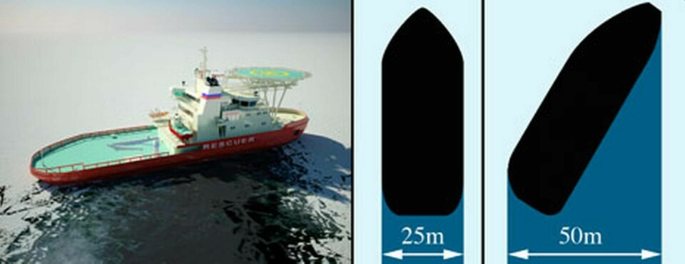 När den 20 meter breda isbrytaren seglar snedställd kan den plöja upp 50 meter breda isrännor. Foto: Arctech