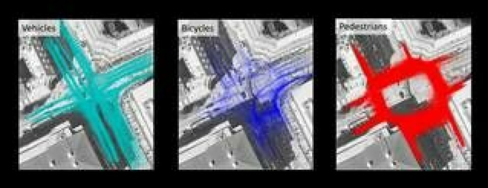 Genom att kartlägga hur olika typer av trafikanter rör sig kan beslut tas om att exempelvis bygga om korsningen. På bilden syns korsningen Kunsgatan/Sveavägen i Stockholm. Foto: Viscando Traffic Systems