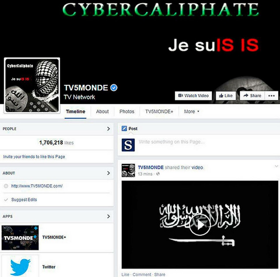 Den grupp av hackare som i torsdags släckte den franska stationen TV5:s sändningar och ta över kanalens sociala medier-konton var noga förberedda. Foto: AP Photo / TV5 Monde Den grupp av hackare som i torsdags släckte den franska stationen TV5:s sändningar och ta över kanalens sociala medier-konton var noga förberedda. Foto: AP Photo / TV5 Monde