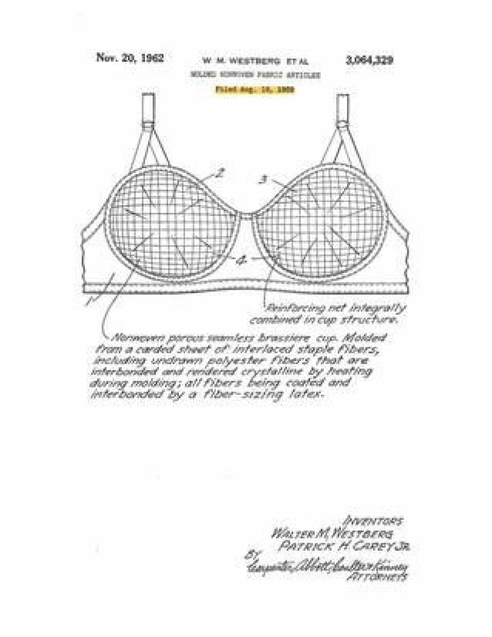 Första sidan av 3M:s patent från 1962 för bh:n tillverkad av det nya materialet. Foto: CENTER FOR DESIGN INSTITUTE