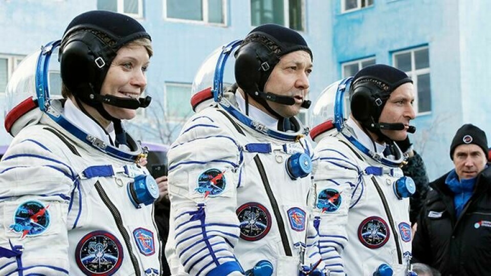 Amerikanska astronauten Anne McClain, ryske kosmonauten ûleg Kononenkoäé, and CSA-astronauten David Saint Jacques. Foto: AP Photo/Dmitri Lovetsky/TT
