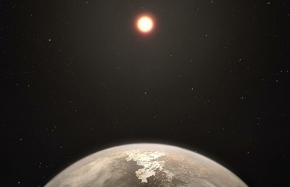 En konstnärlig rekonstruktion av den nyupptäckta exoplaneten Ross 128 b. Planeten kretsar kring den röda dvärgstjärnen Ross 128 som syns i bakgrunden. Illustration: European Southern Observatory En konstnärlig rekonstruktion av den nyupptäckta exoplaneten Ross 128 b. Planeten kretsar kring den röda dvärgstjärnen Ross 128 som syns i bakgrunden. Illustration: European Southern Observatory