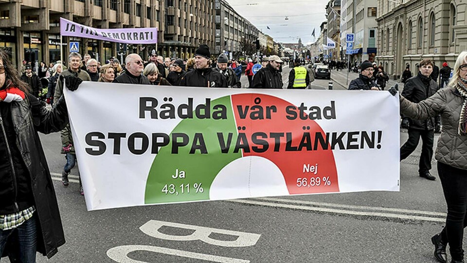 Västlänken, den planerade järnvägstunneln under Göteborg, är omtvistad och har mötts av protester. Foto: Karin Olander / TT