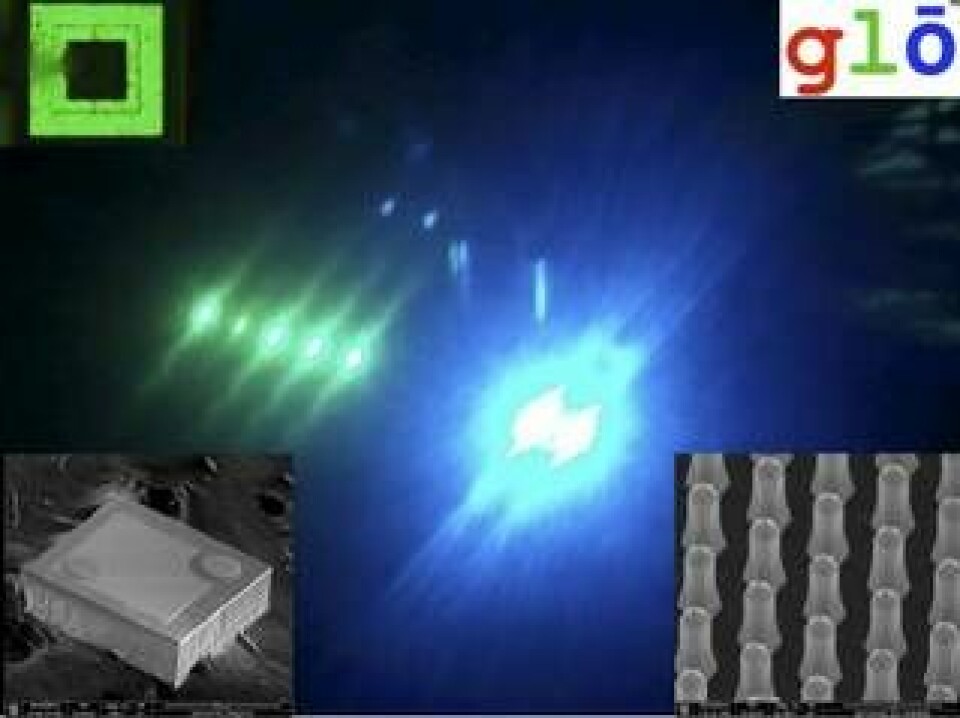 På en yta motsvarande ett pyttelitet sandkorn ryms 100 000 lysdioder (nederst till höger). Tillverkade av galliumnitrid kan de alstra ljusstarkt blått eller grönt ljus. Foto: nmC