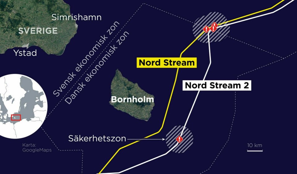 Kartan visar de fyra läckorna på gasledningarna Nord Stream och Nord Stream 2. Foto: Anders Humlebo/TT