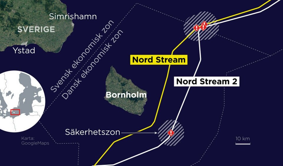 Kartan visar de fyra läckorna på gasledningarna Nord Stream och Nord Stream 2. Foto: Anders Humlebo/TT Kartan visar de fyra läckorna på gasledningarna Nord Stream och Nord Stream 2. Foto: Anders Humlebo/TT