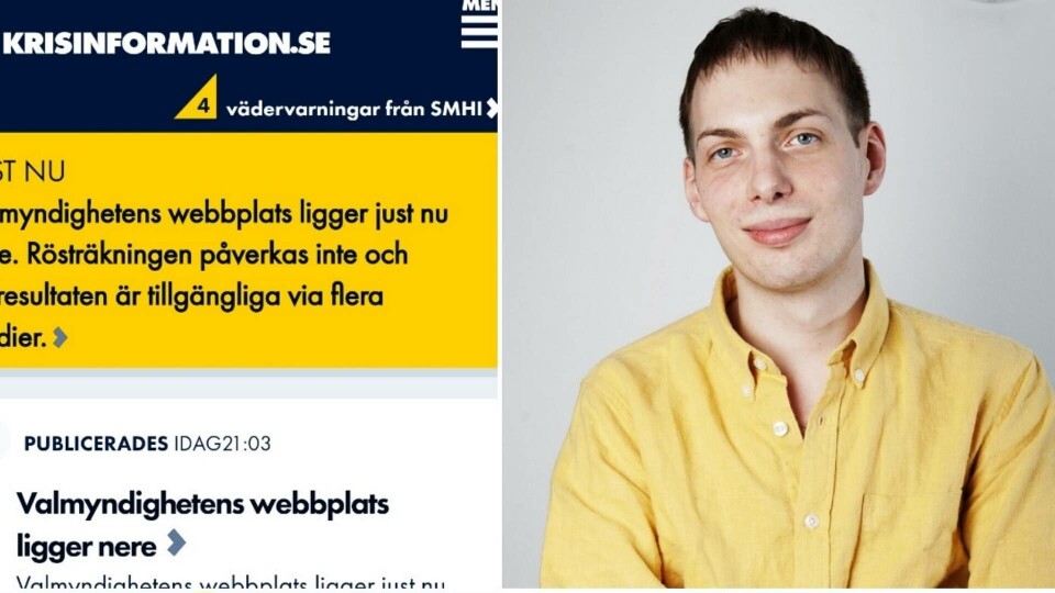 Simon Campanello, reporter på Ny Teknik. Skärmbild från MSB:s sida krisinformation.se på söndagkvällen. Foto: Jörgen Appelgren Simon Campanello, reporter på Ny Teknik. Skärmbild från MSB:s sida krisinformation.se på söndagkvällen. Foto: Jörgen Appelgren