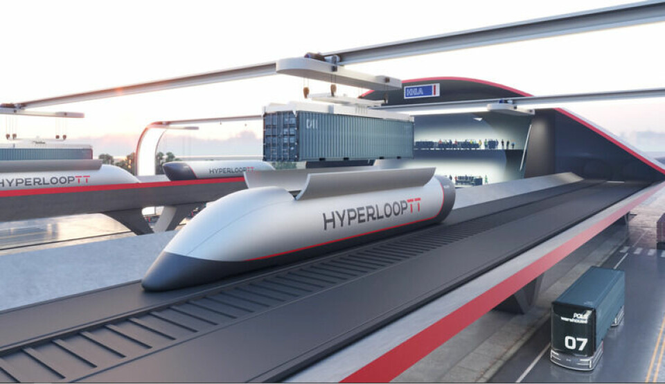 Podden öppnas upptill för en enkel lastning av containrar på sex eller tolv meter. Foto: Hyperloop Transport Technologies.