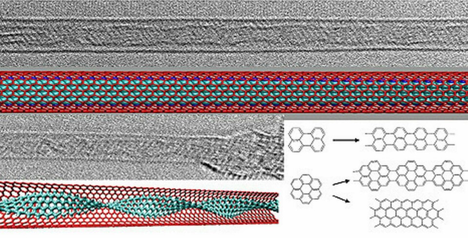 Högupplösta transmissionselektronmikroskopi-bilderna (TEM) visar grafenremsor inkapslade i kolnanorör. I färg simulerade strukturer av platta och spiralformade grafenremsor.