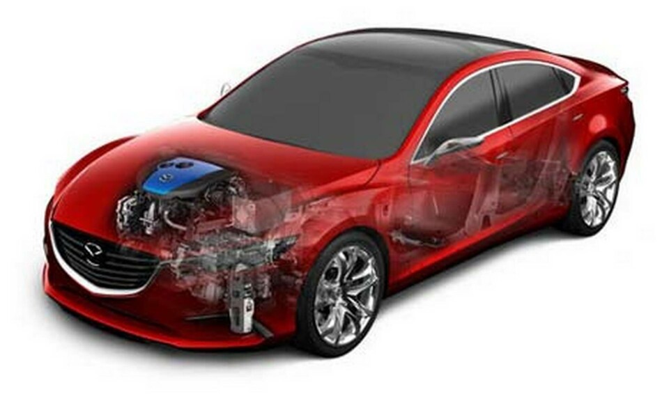 Generatorn (blå) genererar ström vid inbromsning. Strömmen lagras i en superkondensator och distribueras sedan till elkomponenter eller bilbatteriet. Foto: Mazda Generatorn (blå) genererar ström vid inbromsning. Strömmen lagras i en superkondensator och distribueras sedan till elkomponenter eller bilbatteriet. Foto: Mazda