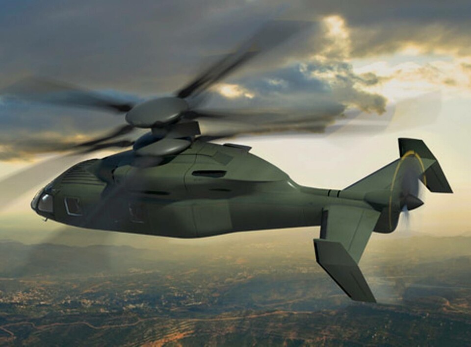 Illustration som visar hur USAs armens nästa helikopter med X2-teknik skulle kunna se ut. Motroterande huvudrotor, påskjutande propeller i aktern. Foto: Sikorsky Illustration som visar hur USAs armens nästa helikopter med X2-teknik skulle kunna se ut. Motroterande huvudrotor, påskjutande propeller i aktern. Foto: Sikorsky