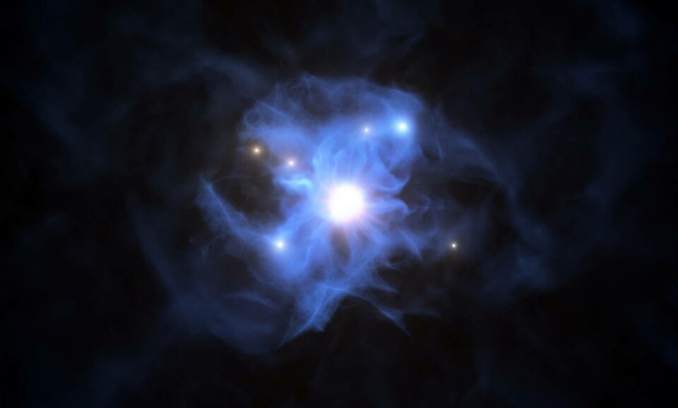 För första gången har astronomer upptäckt sex galaxer i närheten av ett supermassivt svart hål vid en tid då universum inte ens var en miljard år gammalt. Foto: ESO För första gången har astronomer upptäckt sex galaxer i närheten av ett supermassivt svart hål vid en tid då universum inte ens var en miljard år gammalt. Foto: ESO