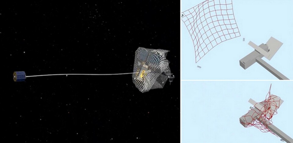 Nätet skjuts mot ett föremål och lindas med hjälp av små tyngder runt det som ska fångas. Foto: ESA Nätet skjuts mot ett föremål och lindas med hjälp av små tyngder runt det som ska fångas. Foto: ESA