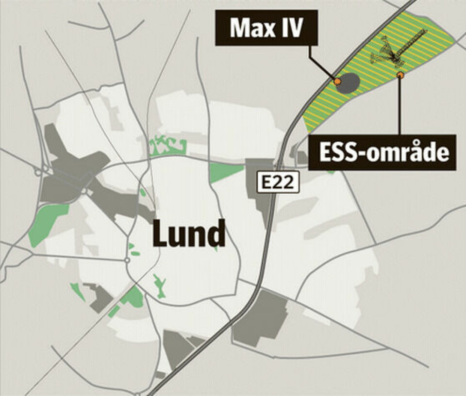 Neutronkanonen börjas inom kort byggas på en åker utanför Lund, granne med Max IV som är ett gigantiskt mikroskop för materialstudier. Karta: Hedvig Herlin
