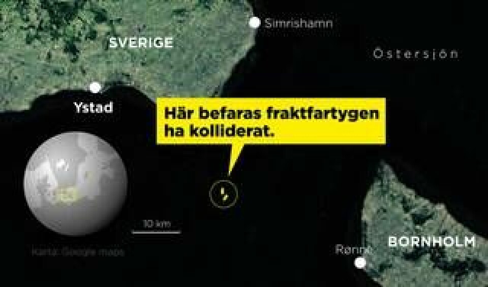Två fraktfartyg befaras ha kolliderat på Östersjön, mittemellan Ystad och Bornholm, natten till måndagen. Två personer har fallit överbord och ett stort räddningsarbete pågår. Foto: Johan Hallnäs