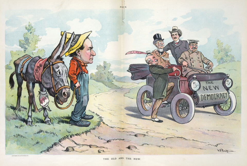 I en politisk pamflett från 1901 illustreras den amerikanska politikern William C Whitney, i rutig kavaj, passande nog som passagerare i en dåtida bil. Det var när Whitney klev in som finansiär i Electric Vehicle Company (som det då döptes om till) som den dittills blygsamma eldrivna taxiverksamheten i New York började växa på allvar. Foto: MARY EVANS PICTURE/TT I en politisk pamflett från 1901 illustreras den amerikanska politikern William C Whitney, i rutig kavaj, passande nog som passagerare i en dåtida bil. Det var när Whitney klev in som finansiär i Electric Vehicle Company (som det då döptes om till) som den dittills blygsamma eldrivna taxiverksamheten i New York började växa på allvar. Foto: MARY EVANS PICTURE/TT