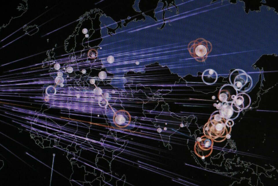Visualisering av cyberattacker i realtid hos it-säkerhetsföretaget Norsen. Foto: Sanna Percivall