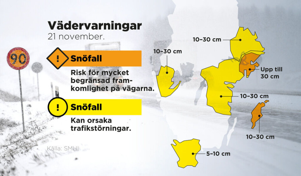 Varning för snöfall som bland annat kan orsaka trafikstörningar. Foto: Anders Humlebo/TT Varning för snöfall som bland annat kan orsaka trafikstörningar. Foto: Anders Humlebo/TT