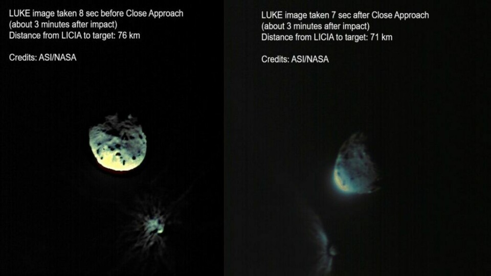 Bilder tagna av kameran Luke ombord Liciacube. Foto: ASI/NASA