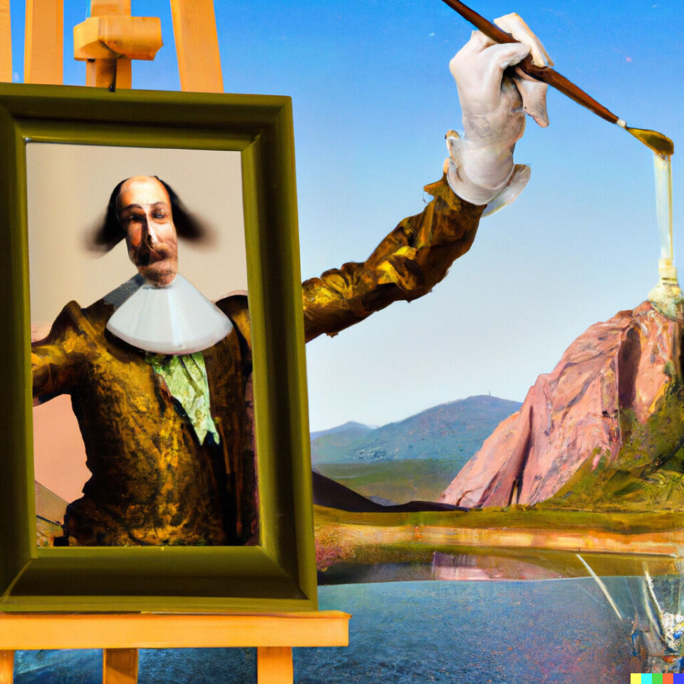 Ai-verktyget Dall-E 2 skapar bilder utifrån text. Som här: ”Visa en Dali-liknande tavla av en ai som målar ett mästerverk”. Foto: Illustration: Dall-E 2 Ai-verktyget Dall-E 2 skapar bilder utifrån text. Som här: ”Visa en Dali-liknande tavla av en ai som målar ett mästerverk”. Foto: Illustration: Dall-E 2