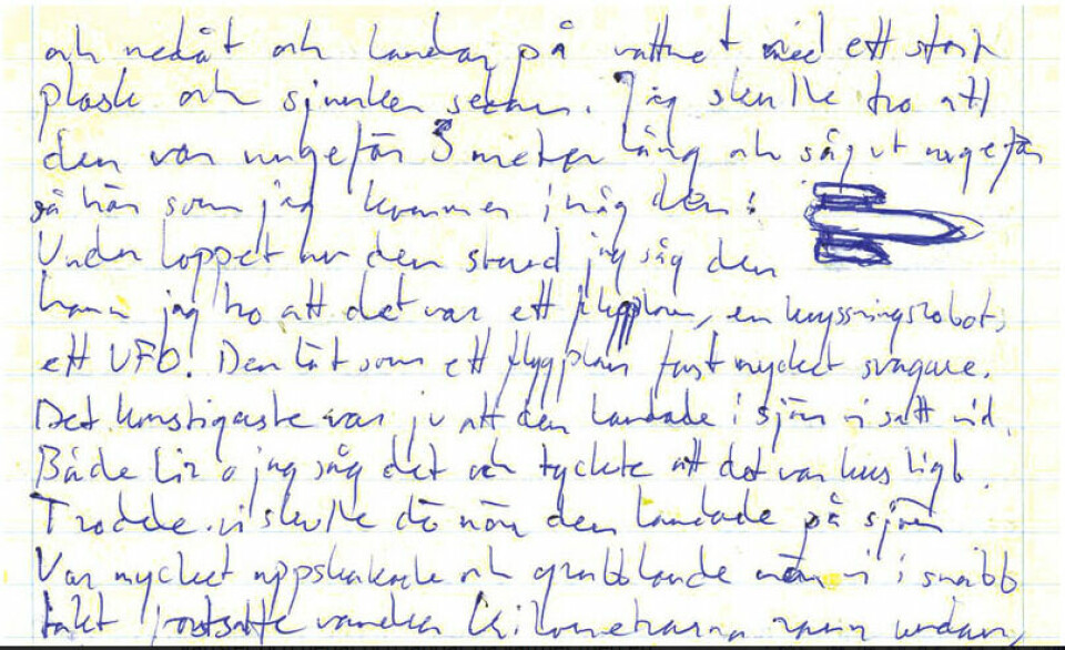 Dokumentationen av ”spökraketen” som två vandrare såg sjunka i sjön Nammajaure utanför Jokkmokk hittade Clas Svahn i Försvarets forskningsanstalts ufo-arkiv (FOA). Det knapphändiga dokumentet återberättade hur paret Liz Hellström och Bo Berg sett ett cigarrformat föremål flyga över dem i Muddus nationalpark i juli 1980 och sedan sjunka ner i sjön. Bilden visar Bo Bergs dagbok, där han samma dag beskrev hur han hade upplevt händelsen. Foto: BO BERG/UFO-SVERIGE/AFU