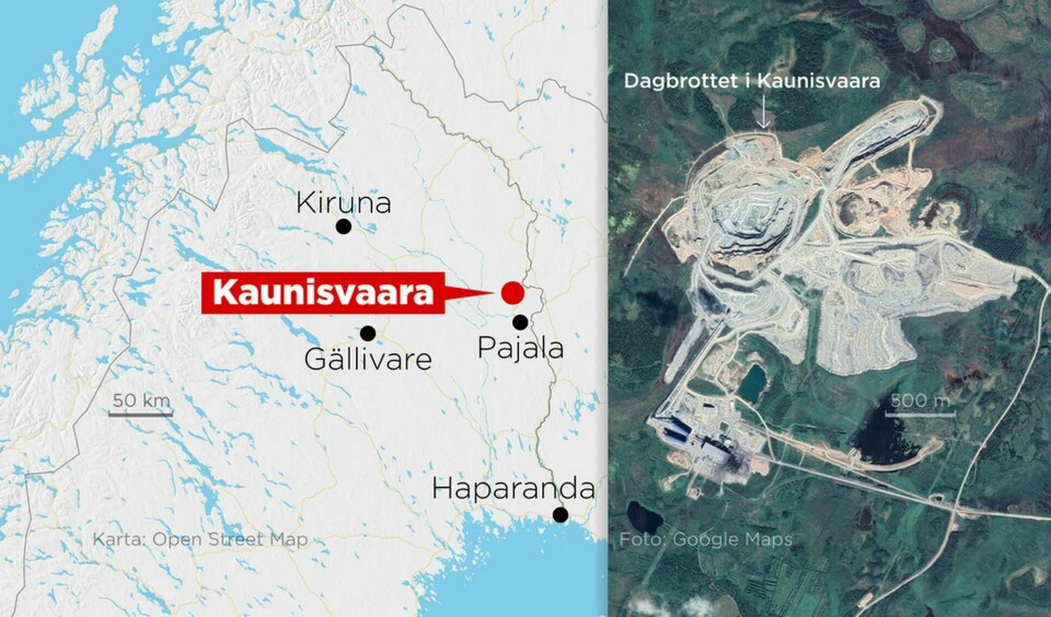 Kartan visar var gruvan i Kaunisvaara, som nu får utökat tillstånd, ligger. Foto: Anders Humlebo/TT