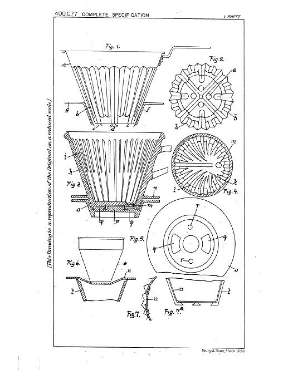 Ritningar från det engelska patentet på kaffefiltret 1932. Ritningar från det engelska patentet på kaffefiltret 1932.