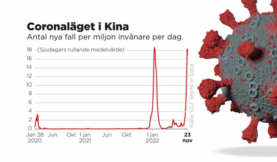 Antal nya covidfall per miljon invånare per dag, enligt den statistik som Kinas myndigheter redovisar. Foto: Johan Hallnäs/TT