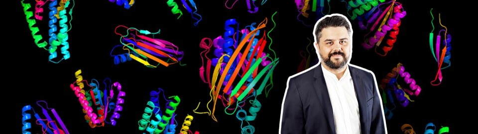 Förslag på proteinstrukturer designade av Generative Biosciences ai-system. Ny Tekniks reporter Peter Ottsjö. Foto: Generative Biosciences samt Jörgen Appelgren Förslag på proteinstrukturer designade av Generative Biosciences ai-system. Ny Tekniks reporter Peter Ottsjö. Foto: Generative Biosciences samt Jörgen Appelgren