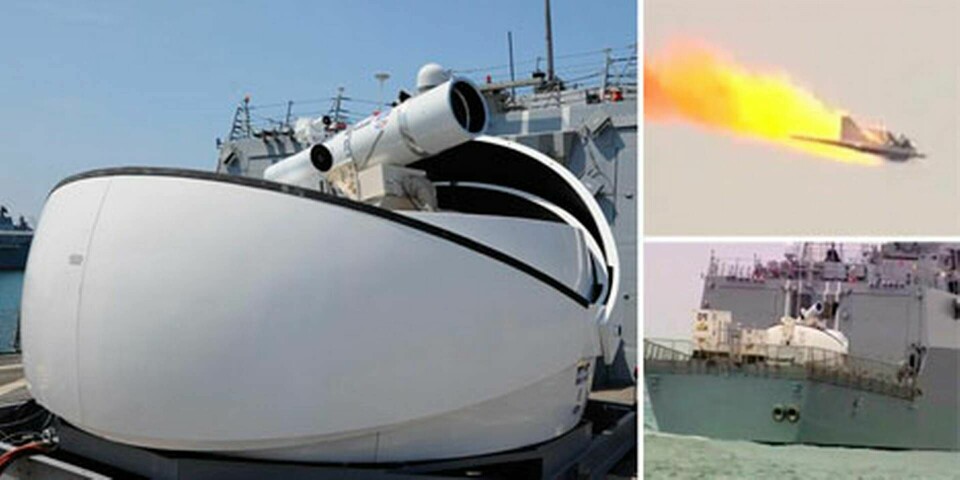 Laserkanonen kan skjuta ner mindre flygfarkostar och slå ut elsystem på fartyg. Foto: US Navy